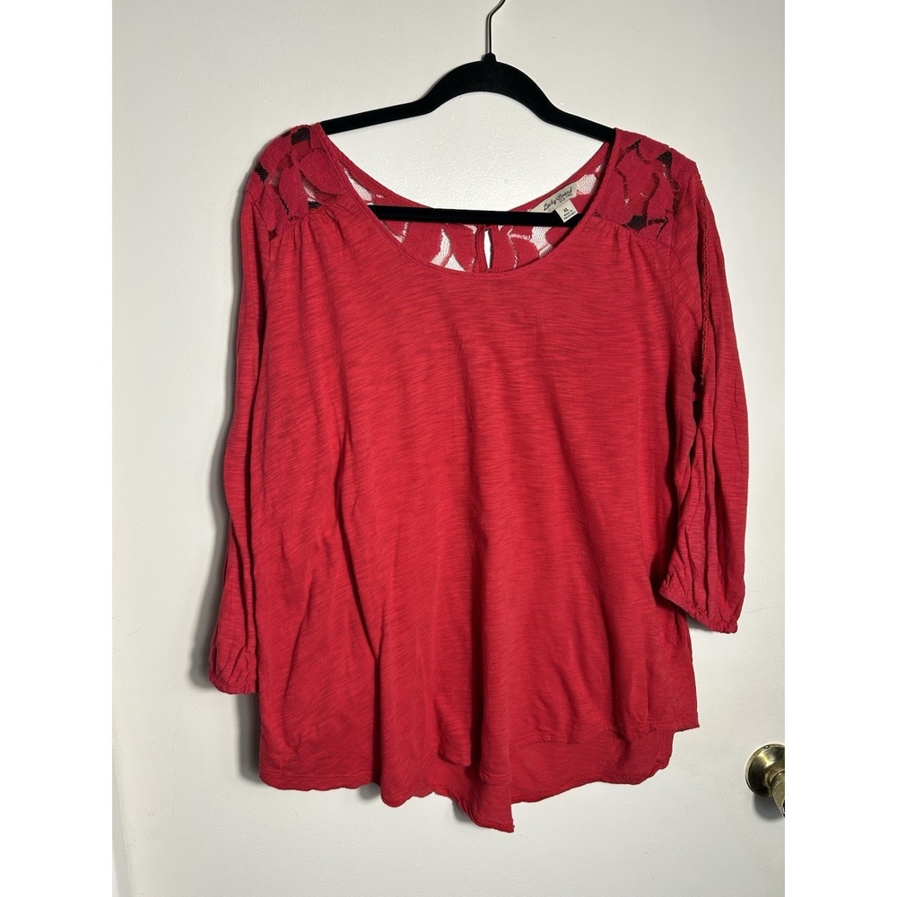 Lucky Brand Red Lace Inset Top XL Modal Cotton Knit 3/4 Sleeve‎ Crochet Detail